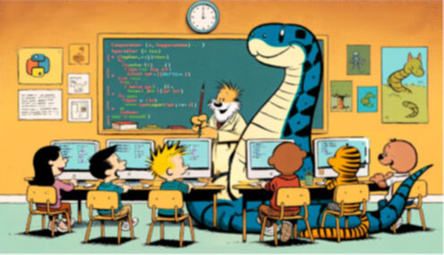 A Python and his furry friend teaching a class